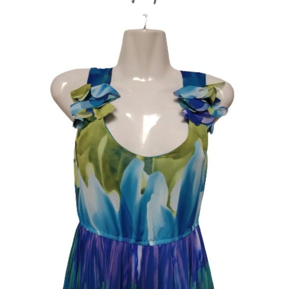Argenti New York Green Blue Sleeveless Accordion Flare Dress - New - Picture 5 of 16